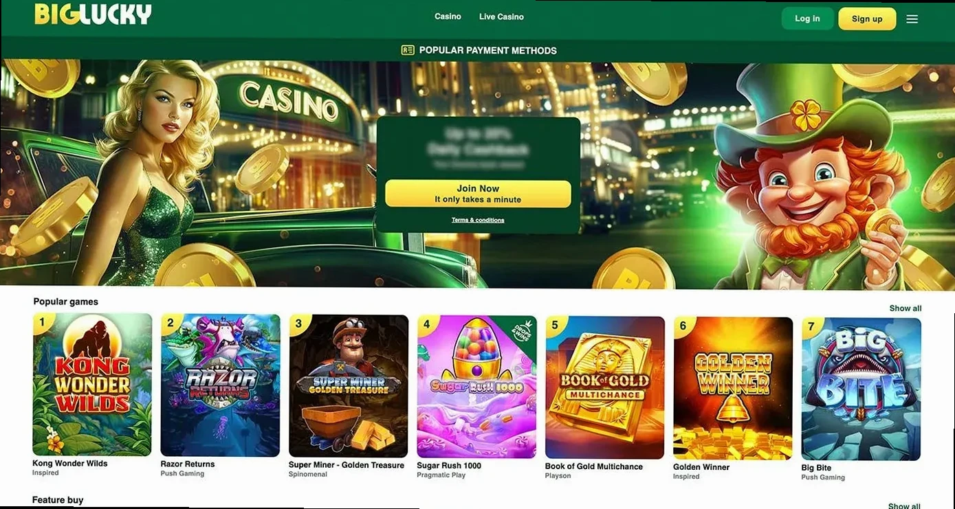 Big Lucky Casino forside med populære spil og registrering