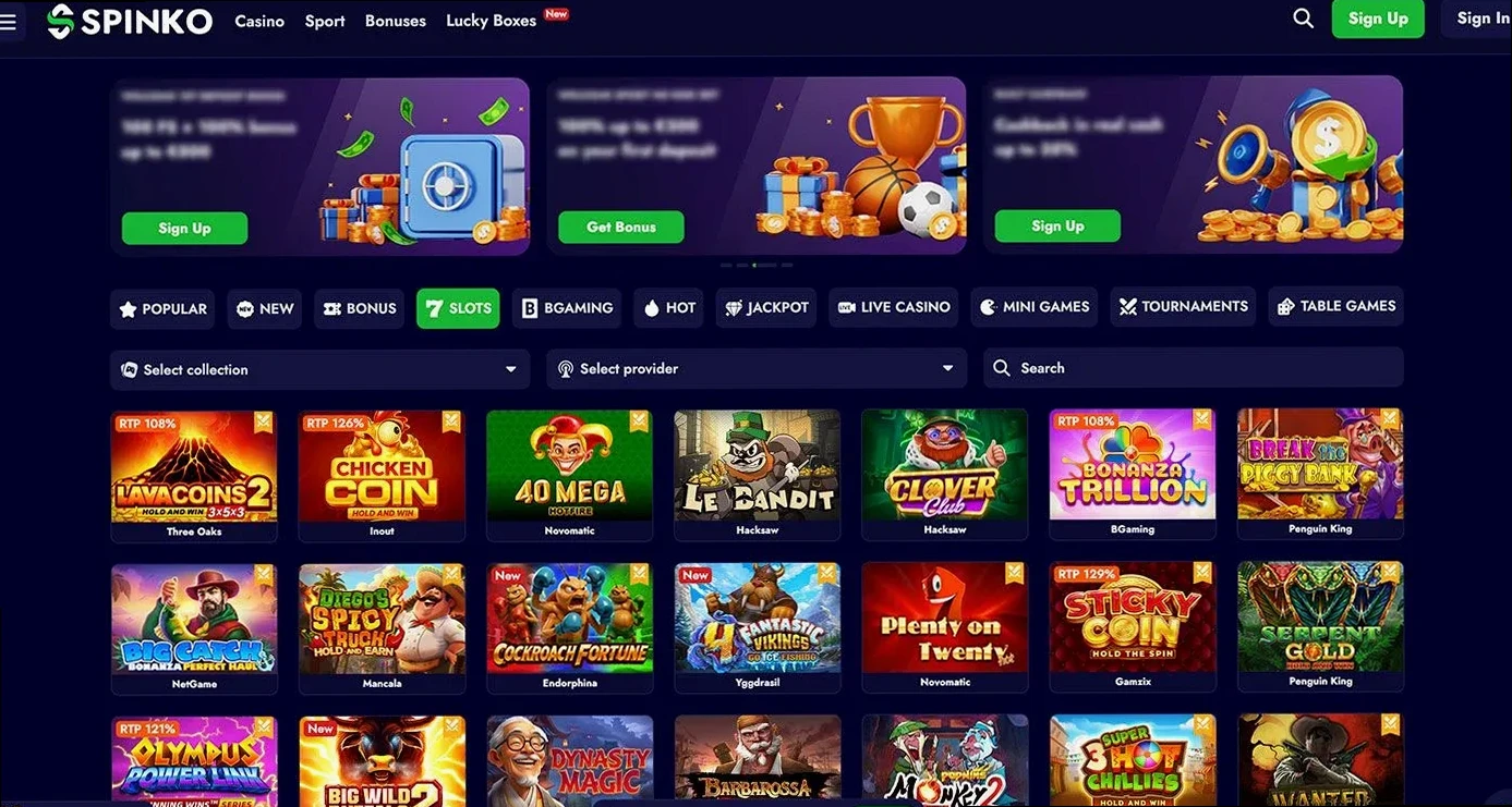 Spinko Casino med slots, live casino og bonustilbud