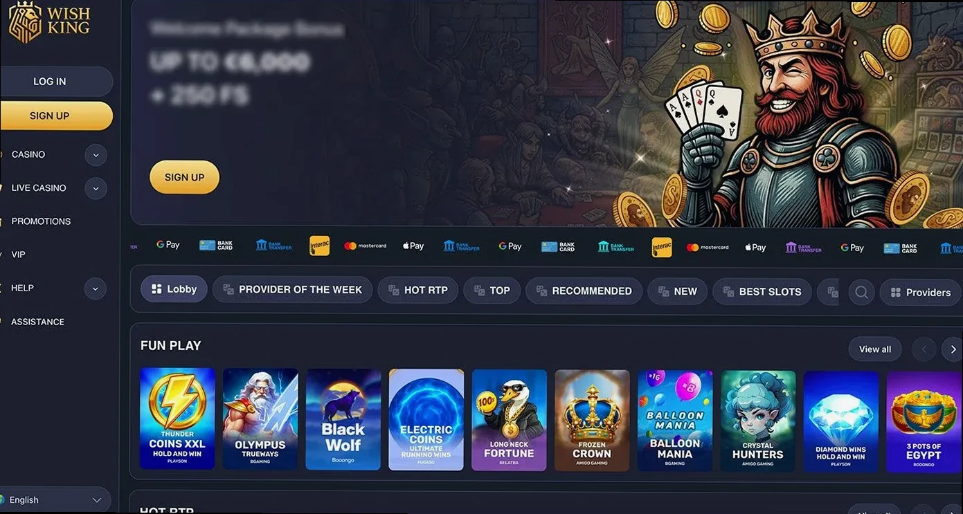 WishKing Casino med Fun Play slots og betalingsmetoder